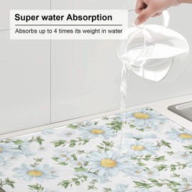 White Chamomile Flowers Dish Drying Mat For Kitchen Counter Microfiber Absorbent Dish Draining Reusable Washable Extra Large 18" X 24"