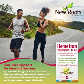 NEW ROOTS HERBAL New Roots Herbal Heme Iron Supplement, 60 Veg Caps, 20-Day Supply, Iron & Vitamin C for Enhanced Absorption, Promotes Iron Levels & Red Blood Cell Function, Non-GMO, Gentle on Digestion & Easy to Take