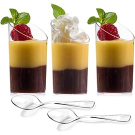 zappy 100 Pack Mini Dessert Cups with Spoons, 2.5 oz Clear Plastic Appetizer Cup Parfait Glass Tasting/Sample Shot Glasses Small Serving Bowls for Souffle Jello Tumbler Round Slanted Cup