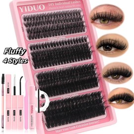 YIDUO Fluffy False Eyelashes Kit, 4 Styles 10-18mm Individual Eyelashes Extensions Kit with Lash Bond & Lash Remover & Lash Applicator & Eye Makeup Brush, Valentine's Day Gift - Specification: Set-2, Color: one size