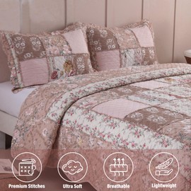 NEWLAKE Quilt Set King Size, Cotton Patchwork Pink Floral Quilt Sets, Real Stitched Embroidery Bedspread Lightweight and Breathable for All Seasons, Soft Quilted with 2 Pillowcases