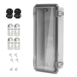 LeMotech Electrical Box, IP67 Waterproof Hinged Clear Cover Stainless Steel Latch Junction Box, ABS Plastic Electrical Enclosure with Mounting Plate,Wall Brackets, Cable Glands,10.2"x4.3"x2.9",Grey