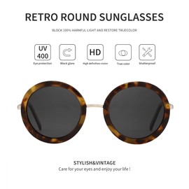 JOOX Round Circle Sunglasses Women's Polarised UV400 Protection Retro Metal Glasses Large Tortoise, Brown / Grey