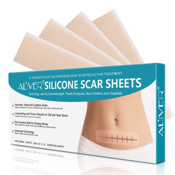 Silicone Scar Removal Sheets,Professional Removal Sheets for Scars Caused by C-Section, Surgery, Burn, Acne, Keloid, and Stretch Marks, Works on Old & New Scars, 5.9"×1.6", 4 Reusable Scar Sheets