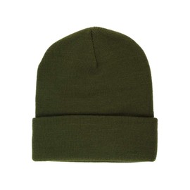 Nayt Long Solid Plain Cuffed Beanie Knit Hat (Olive Green)