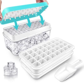 Ice Cube Trays for Freezer, Ice Cube Bin Scoop Trays, Press Type Ice Cube Maker Ice Cube Trays for Freezer with Bin, Ice Cube Trays with Lid and Bin (2 Tiers, 1 Scoop, and 1 Press Plate)
