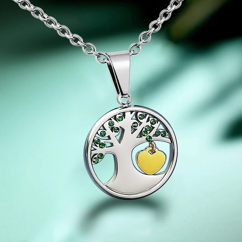 PHOCKSIN Tree of Life Pendant Necklace Green CZ Gold Plated