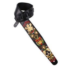 Walker And Williams KB-50-BLK Handmade Black 3" Guitar Strap With Red And Gold Carved Mayan Design on Premium Black Leather For Acoustic, Electric, And Bass Guitars, Black, Regular