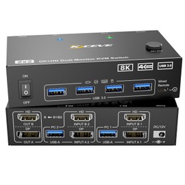 HDMI + Displayport KVM Switch 2 Monitors 2 Computers 8K@60Hz 4K@144Hz, Camgeet Dual Monitor KVM Switch with 4 USB 3.0 Port for Keyboard Mouse Printer,Wired Remote,Power Adapter and USB Cables Included