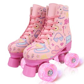 YYW Roller Skates for Girls Light Up Kids Roller Skate Double Row High Top Pink Graffiti Roller Derby Skates Girl Ages 8-12 Quad Skates Pink with Flashing Wheel 34-8.74in - Youth 3