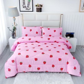 SDY 3PCS Full Size Strawberry Comforter Set, Girls Full Size Comforter Sets, Strawberry Bedroom Decor Cute Comforter Set, Kawaii Bedding Set Pink Comforter for Kids, Children, Teen…