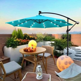 10 ft Outdoor Solar Powered LED Lighted Patio Umbrella Waterproof 8 Ribs Crank Cross Base Sun Shade for Garden Backyard Pool SpaColor: Turquoise Color