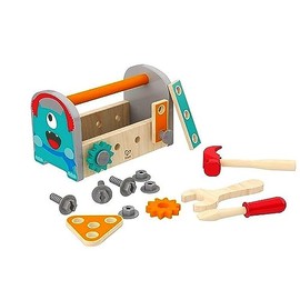 Hape: Fix-It Tool Kit - Monster Design, Wooden Tool Box with Carry Handle, Tool Accessories, Tighten & Loosen The Gears On The Box, Kids Ages 3+