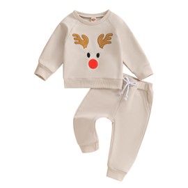 Toddler Baby Girl Boy Christmas Outfits 0 3 6 9 12 18 24Months 2t 3t Sweatshirt Elk Top+Long Pants Fall Clothes Set (Christmas Elk Costume Beige, 2-3 Years)