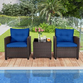 ORALNER 3 Pieces Patio Furniture Set, Outdoor Wicker Conversation Set Rattan Chairs with Cushions, Glass Coffee Table, Bistro Set for Front Porch Balcony Garden Deck Poolside (Navy)
