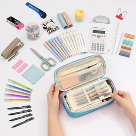 GIFTOXO Preppy Pencil Case for School Supplies, Large Initial Pencil Pouch with Zipper, Cute Pencil Bag for Office Supplies, Aesthetic Pen Case Box for Kids Teen Girls Adults - T(Blue)