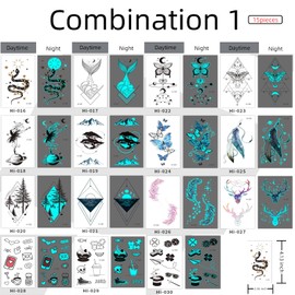 Glow in the Dark Temporary Tattoos, Waterproof Water Transfer, Long-lasting Realistic Fake Tattoos for Party, Picnic, 15 Pic (Combination 5)