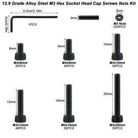 500 x M3 screws set, hexagon socket screws, nuts set, hexagon socket screw assortment set, hexagon socket threaded screws, screw assortment, machine screws with nuts
