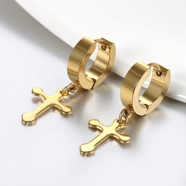 JewelryWe Pair of Stainless Steel Huggie Hinged Hoop Earrings with Cross Men Women Boys Gifts, Gold