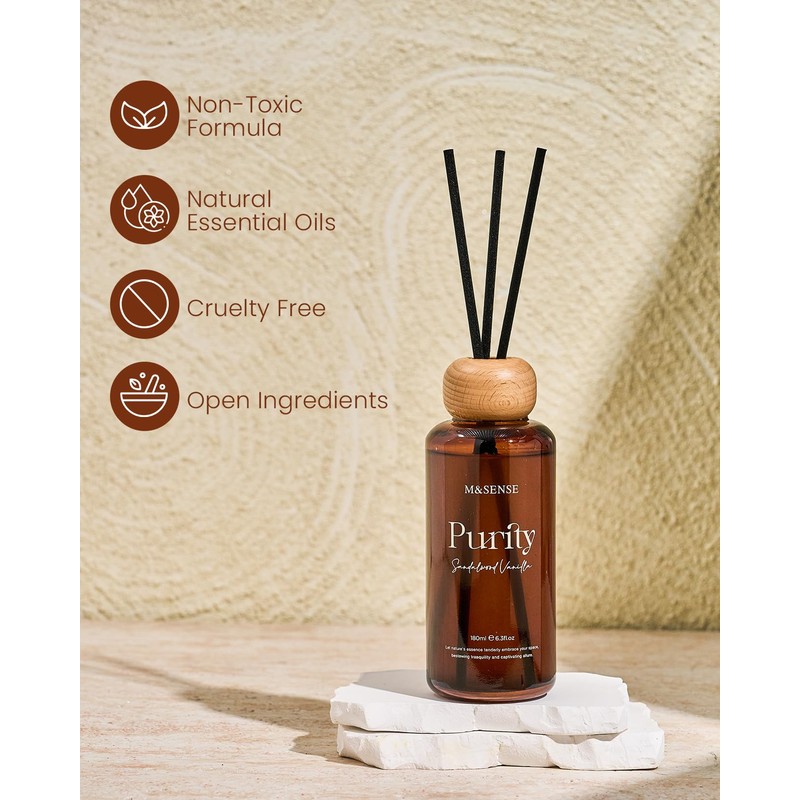 M&SENSE Reed Diffuser, Sandalwood Vanilla, 6.3 oz Natural Essential Oil