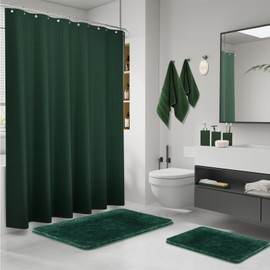 Green Bathroom Set, Dark Green Bathroom Accessories Set with Shower Curtain and Rugs, Bath Towel Sets, Natural Loofah Sponge, Soap Dispenser, Toothbrush Holder, Toothbrush Cup and Tray for Bathroom