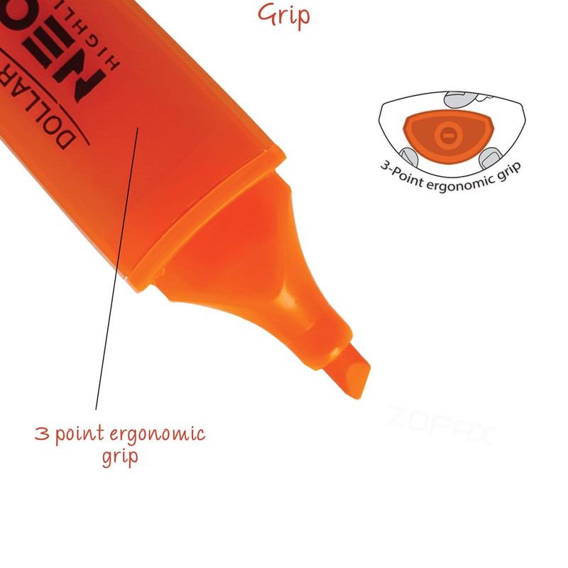 DOLLAR NeoGrip Highlighter Pens, ORANGE, Pack of 5, Chisel Tip