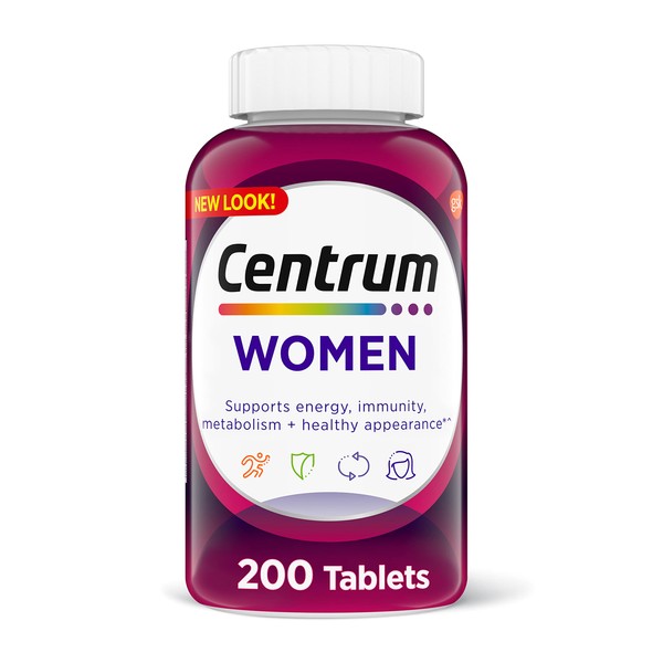 Centrum Multivitamin for Women, Multivitamin/Multimineral Supplement with Iron, Vitamin D3, B Vitamins and Antioxidant Vitamins C and E, Gluten Free, Non-GMO Ingredients - 200 Count