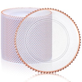 Hoolerry 50 Pack Clear Charger Plates Bulk 13 Inch Plastic Round Beaded Dinner Chargers Acrylic Frosted Grain Decorative Service Plates for Wedding Party Event, Home and Kitchen Tabletop (Rose Gold)