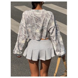 RoseSeek Women's Y2k Camo Print Crop Crewneck Sweatshirt Long Sleeve Drop Shoulder Vintage Pullover Tops Multicolor Small