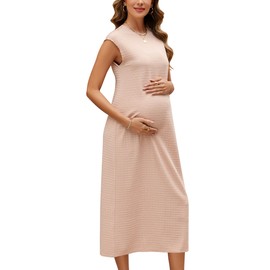 OUGES Womens 2025 Spring Maternity Dress Textured Midi Summer Cap Sleeve Pregnancy Gender Reveal Baby Shower Long Dress Maternity Clothes (Pink,L)
