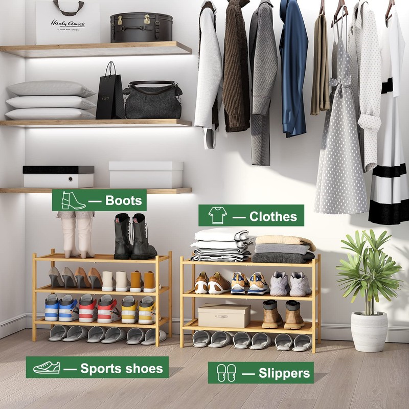 kiplant 3-Tier Shoe Rack for Closet, Bamboo Wood Shoe Rack