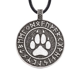 HAQUIL Viking Necklace, Viking Runes Wolf Paw Print Medallion Pendant, Faux Leather Cord, Viking Jewelry Gift