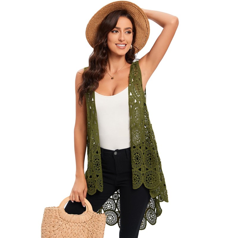 Women's Crochet Lace Vest Boho Sleeveless Kimono Irregular Hem Cardigan