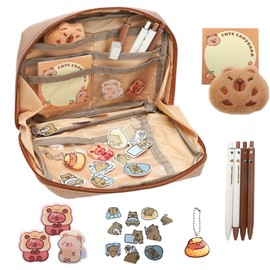 DASIAUTOEM Capybara Stationery Set, Large Pencil Case for Children, Cute Capybara Pencil Case with Pens, Clips, Sticker Accessories for Students, Stationery Supplies