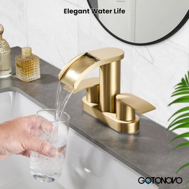 gotonovo 4 Inch Centerset Waterfall Bathroom Sink Faucet Deck Mount 2 Handle Basin Faucets 2 or 3 Hole with Pop Up Drain Included Lavatory Modern Mixer Tap Vanity Faucet Brushed Gold