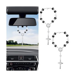 Zpana Rosary Cross Car Rearview Mirror Charm, 2PCS Hanging Vehicle Rear View Beads Pendant Decors, Religious Blessing Auto Interior Decoration Accessories, Universal for SUV RV Truck(Black)