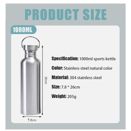 Ntwoiee 2 Pack 18/8 Stainless Steel Water Bottle, Silver Water Bottle,32OZ Single Wall Sports Water Bottle for Camping Picnic, Metal Sports Kettle with Handle for Runners, Hikers, Cyclists