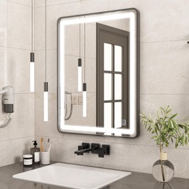 LNKHMK 24x36 Inch LED Bathroom Vanity Mirror with Black Frame Front Lighted Aluminum Tricolors Stepless Dimmable Anti-Fog Memory Function for Wall Decor