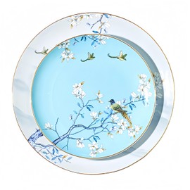 GOMMO Bone China Appetizer Plate Floral Dinnerware Dish for Salad Lightweight Round Bone China Salad Plate for Everyday Use, Kitchen or Entertaining (Blue+Grey Floral, 10.5 inches+8 inches)