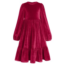 Children's Girls' Dresses Long Sleeve Velvet A Line Princess Maxi Dress Flower Girl Christmas Wedding Festive Birthday Party Evening Dress Autumn Winter Clothing with Pockets, Red#1