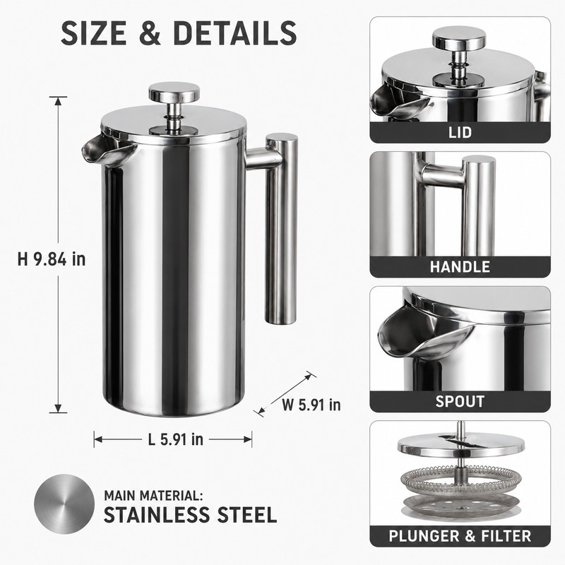French Press Coffee Maker for Home and Office - Double-Wall