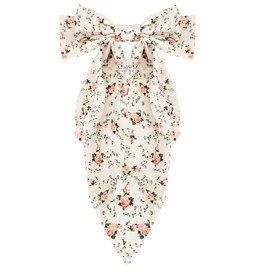 Large Bow Hair Clips White Flower Pattern Prints Silky Satin Bow-Knot Barrette Hair Pin Slide Floral Vocation Holiday Hair Accessories for Women Girls French Style Elegant Hair Bow Ribbon