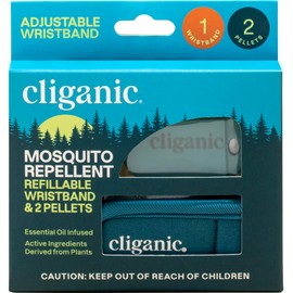 Cliganic Mosquito Repellent Pack (Wristband + 2 Refill Pellets) - Adjustable, Natural DEET-Free, Essential Oil Infused
