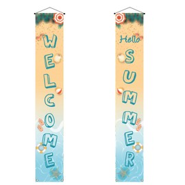 Pudodo Welcome Hello Summer Porch Banner Beach Themed Sea Palm Leaves Starfish Seashell Holiday Party Front Door Wall Sign Decoration