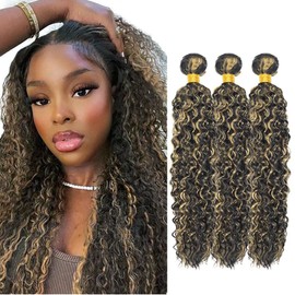Honey Blonde Bundle Highlight Blonde Kinky Curly Human Hair Bundles Two Tone #1B Mixed With #27 Bundles Human Hair Weave Double Weft 14 16 18 Inch