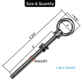 CUKAYO Eye Bolts, 5pack 3/8" X 4-3/4" Heavy Duty Shoulder Lifting Ring Threaded Eyebolts with Nuts Washers 316 Stainless Steel Marine Grade Eyebolt