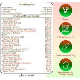 16-fold liver treatment - 180 liver capsules with milk thistle artichoke dandelion resveratrol OPC & choline for normal liver function - plantomol® liver complex with 16 ingredients - laboratory