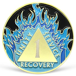 1 Year Sobriety Chip Blue Flames Sober Coin AA Recovery Medallion Affirmation Sobriety Gifts for Men Women Alcoholics Anonymous Recovery Gifts Anniversary Token