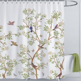 LIVETTY Shower Curtain Birds Shower Curtain 180 x 180cm Mould Proof Polyester Fabric Bath Curtain with 12 Hooks Bathroom Curtain Washable Quick-Drying