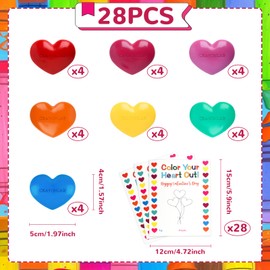 Ulema 28Pcs Colorful Heart Crayons with Cards, Valentines Day Gifts for Classroom, Girl Boy Birthday Gift Goodie Bags Stuff, Party Favors, Classroom Rewards.